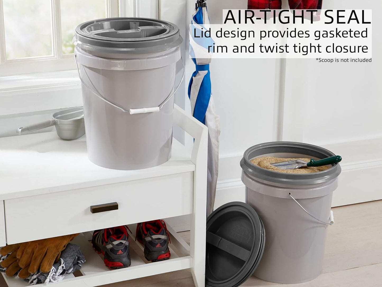 Mighty Tuff 5 Gallon / 21 Pound Pet Food Storage Container, Pack of 2 with Metal Handle and Airtight Lid to Lock in Freshness, Light Grey Base & Dark Grey Lid