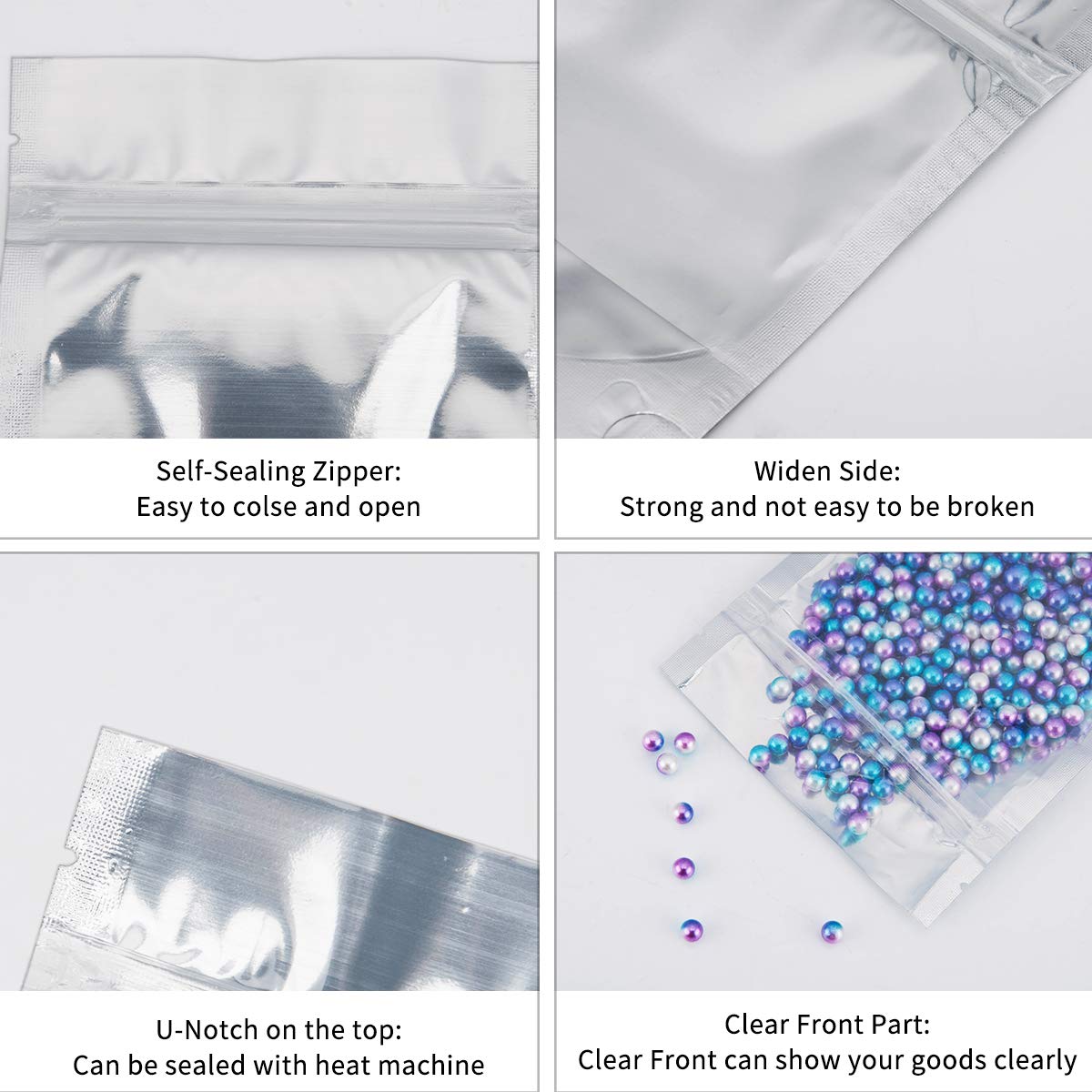 200 Pack 5x8 Mylar Bags with Window Stand Up Bgas 7.5mil Thick for Food Storage and Resealable for Small Business Packaging Bag