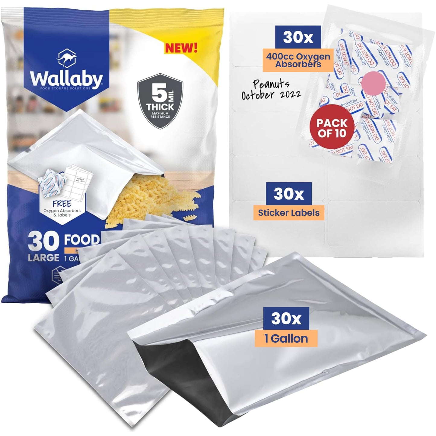 Wallaby 15 Count 5-Gallon Mylar Bags with 2500cc Oxygen Absorbers, 10 Mil Total Thickness Long-Term Food Storage Pouches, 20x30 Resealable Zipper Heat-Sealable Airtight Packaging - Silver