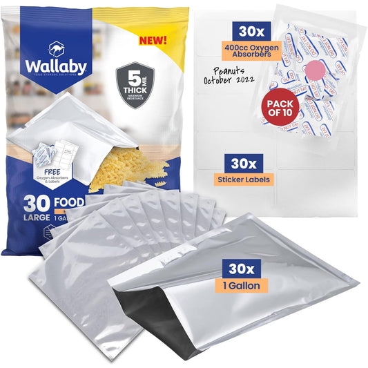 Wallaby 15 Count 5-Gallon Mylar Bags with 2500cc Oxygen Absorbers, 10 Mil Total Thickness Long-Term Food Storage Pouches, 20x30 Resealable Zipper Heat-Sealable Airtight Packaging - Silver