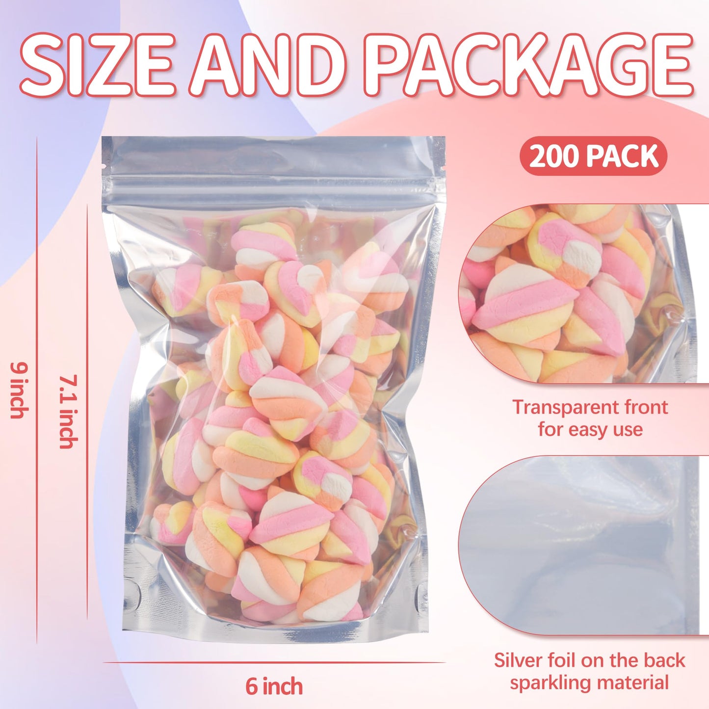 200 Pack 5x8 Mylar Bags with Window Stand Up Bgas 7.5mil Thick for Food Storage and Resealable for Small Business Packaging Bag