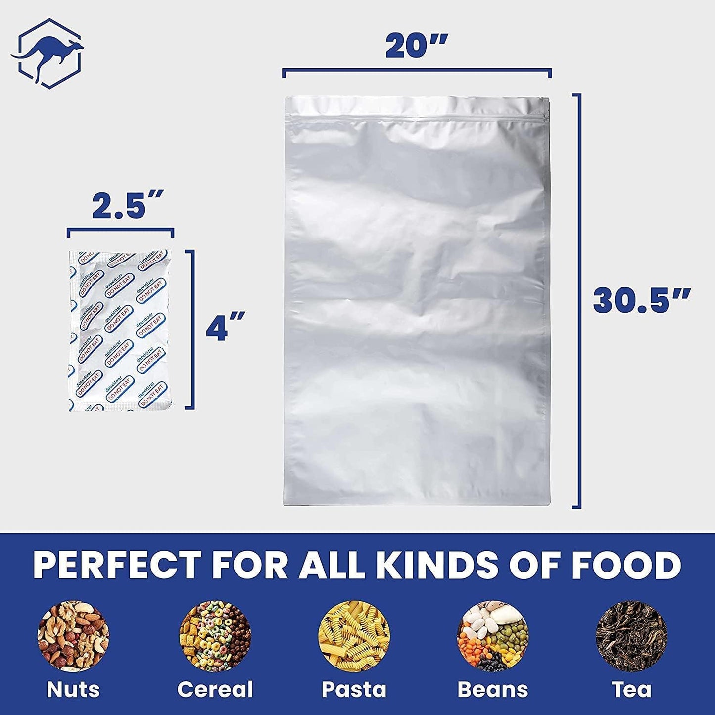 Wallaby 15 Count 5-Gallon Mylar Bags with 2500cc Oxygen Absorbers, 10 Mil Total Thickness Long-Term Food Storage Pouches, 20x30 Resealable Zipper Heat-Sealable Airtight Packaging - Silver