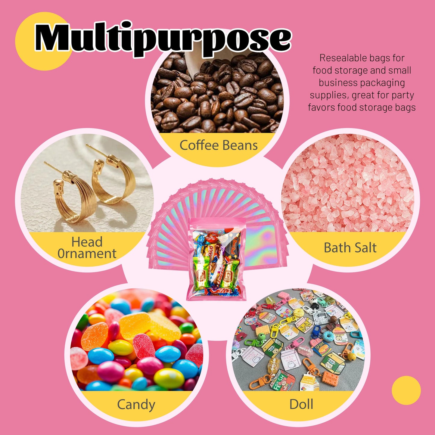 200 Pack 5x8 Mylar Bags with Window Stand Up Bgas 7.5mil Thick for Food Storage and Resealable for Small Business Packaging Bag