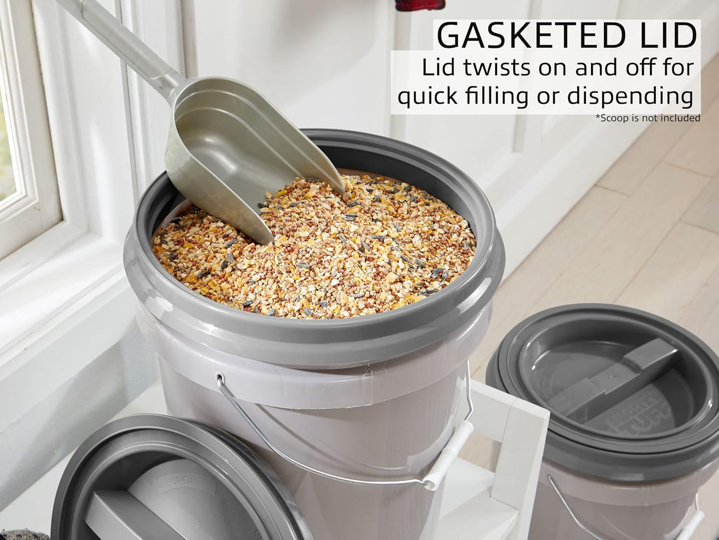 Mighty Tuff 5 Gallon / 21 Pound Pet Food Storage Container, Pack of 2 with Metal Handle and Airtight Lid to Lock in Freshness, Light Grey Base & Dark Grey Lid