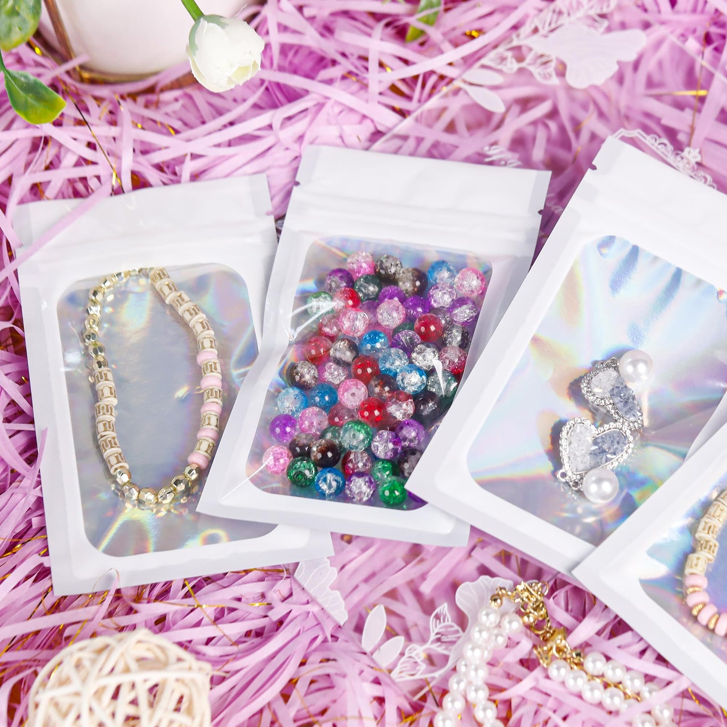 200 Pack 5x8 Mylar Bags with Window Stand Up Bgas 7.5mil Thick for Food Storage and Resealable for Small Business Packaging Bag