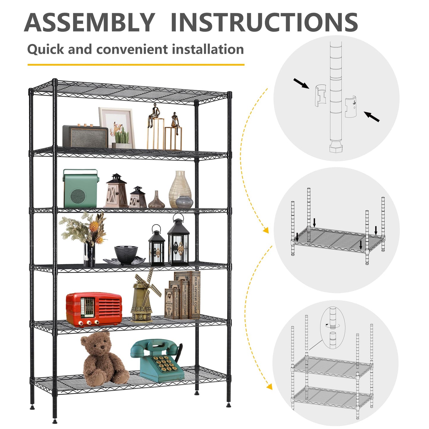 BestOffice | 4-Tier Wire Storage Shelves | 36x14x54 | Black | with Adjustable Racks | Heavy-Duty Metal Shelf, Holds Upto 1000 lbs | No-Tool Assembly | Ideal for Home & Garage Shelving