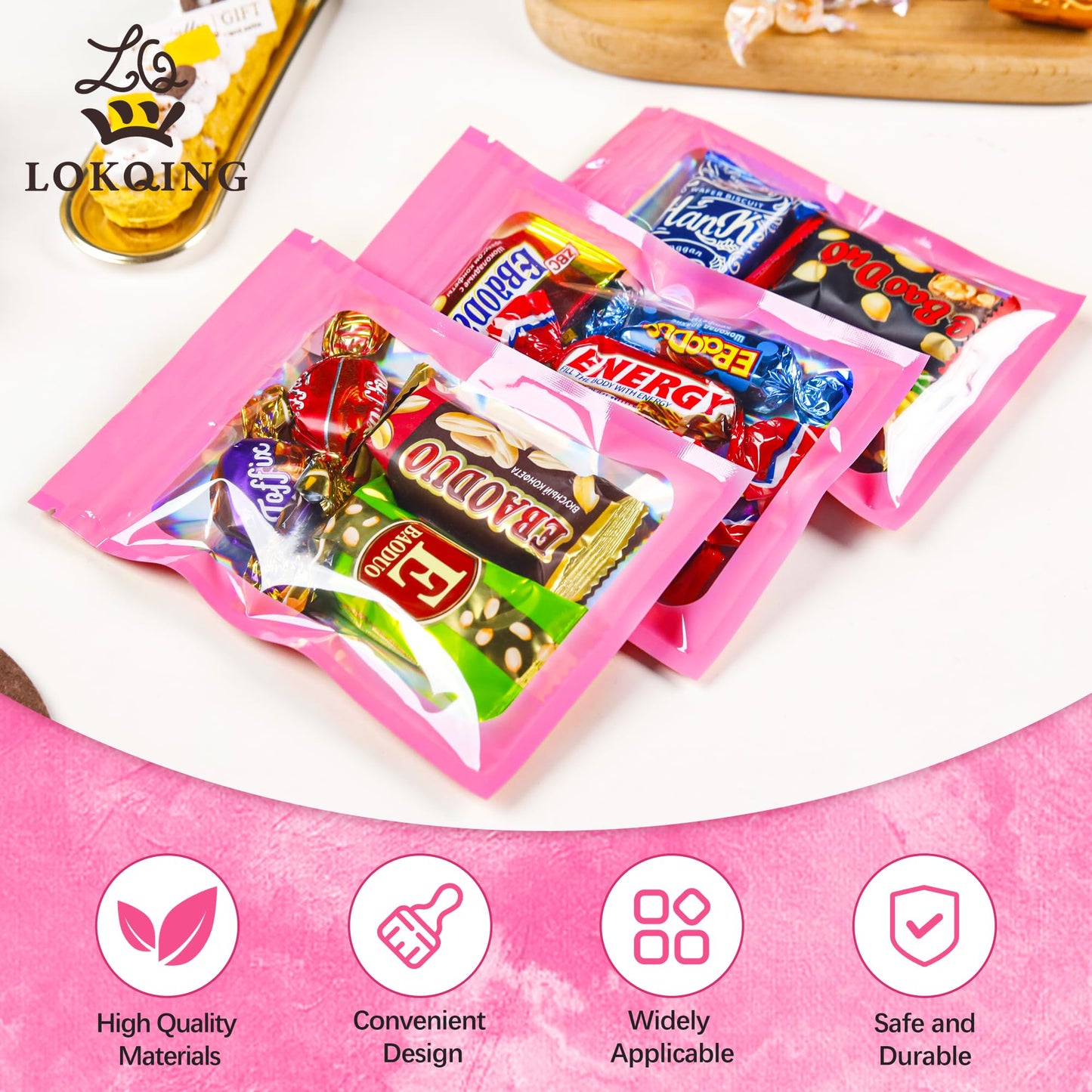 200 Pack 5x8 Mylar Bags with Window Stand Up Bgas 7.5mil Thick for Food Storage and Resealable for Small Business Packaging Bag