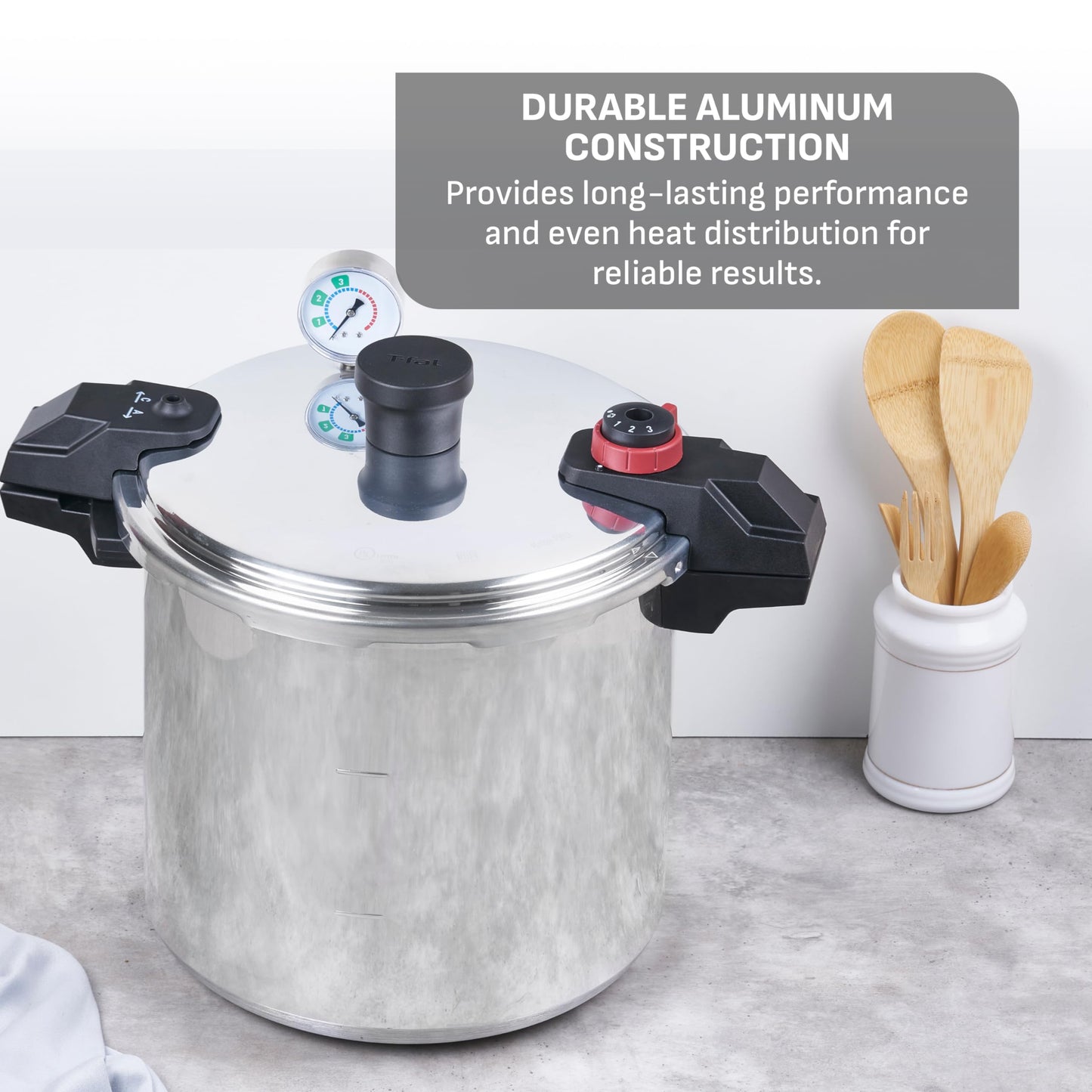 T-fal Pressure Cooker Aluminum Pressure Canner, 22 Quart, 3 PSI Settings, Cookware, Pots and Pans, Large Capacity, Cooling Racks, Recipe Booket, Canning Vegetables, Meats, Poultry, Seafood, Silver