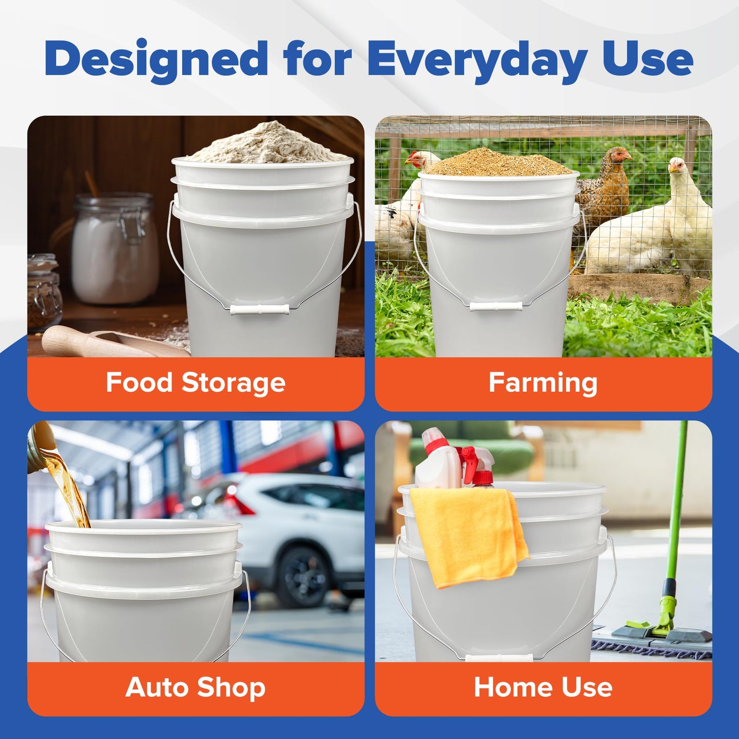 ePackageSupply Premium 5 Gallon Food Grade Plastic Pail with Gamma Seal Lid | Made in USA | BPA-Free | Heavy-Duty 90 Mil | Airtight Stackable Container, 6 Count