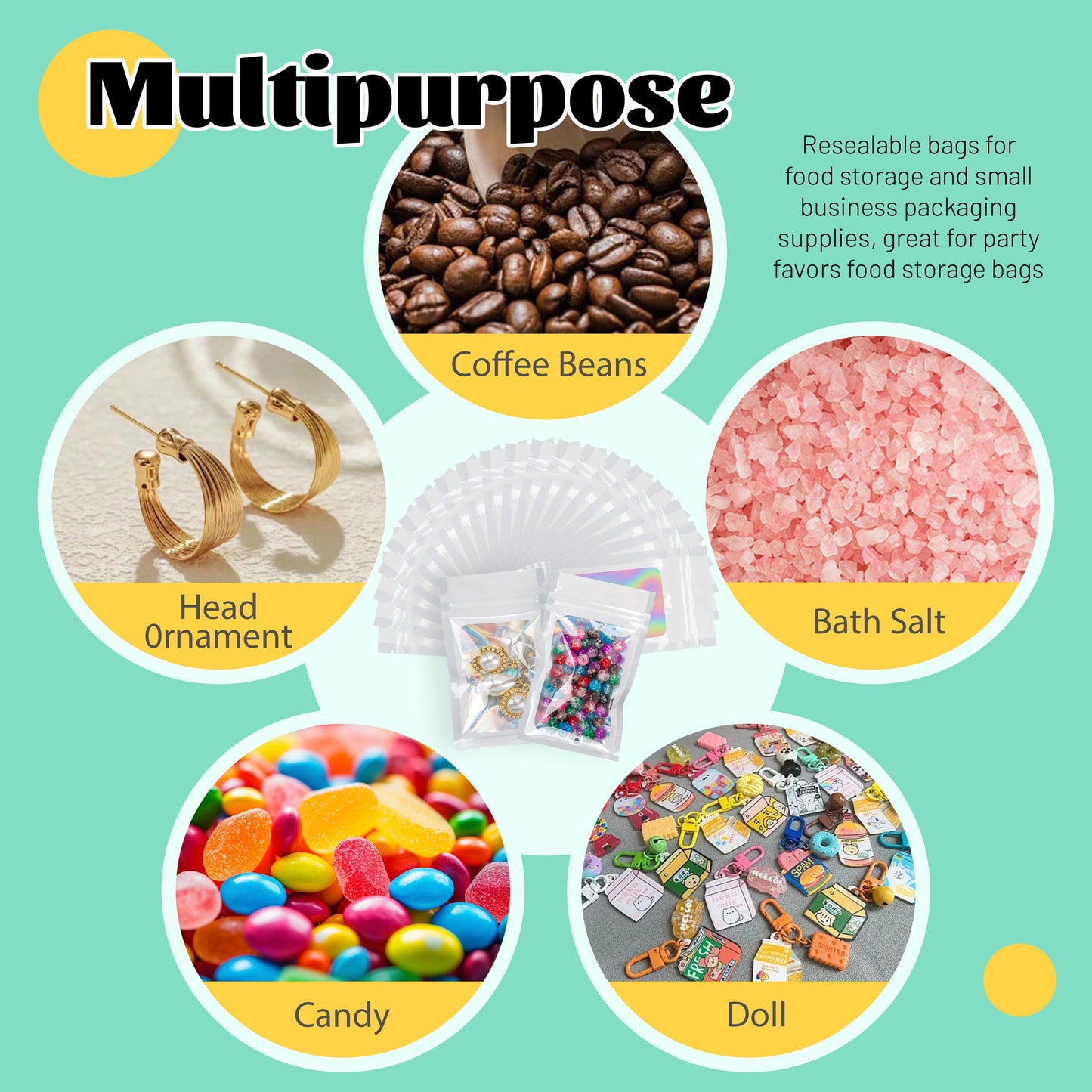 200 Pack 5x8 Mylar Bags with Window Stand Up Bgas 7.5mil Thick for Food Storage and Resealable for Small Business Packaging Bag