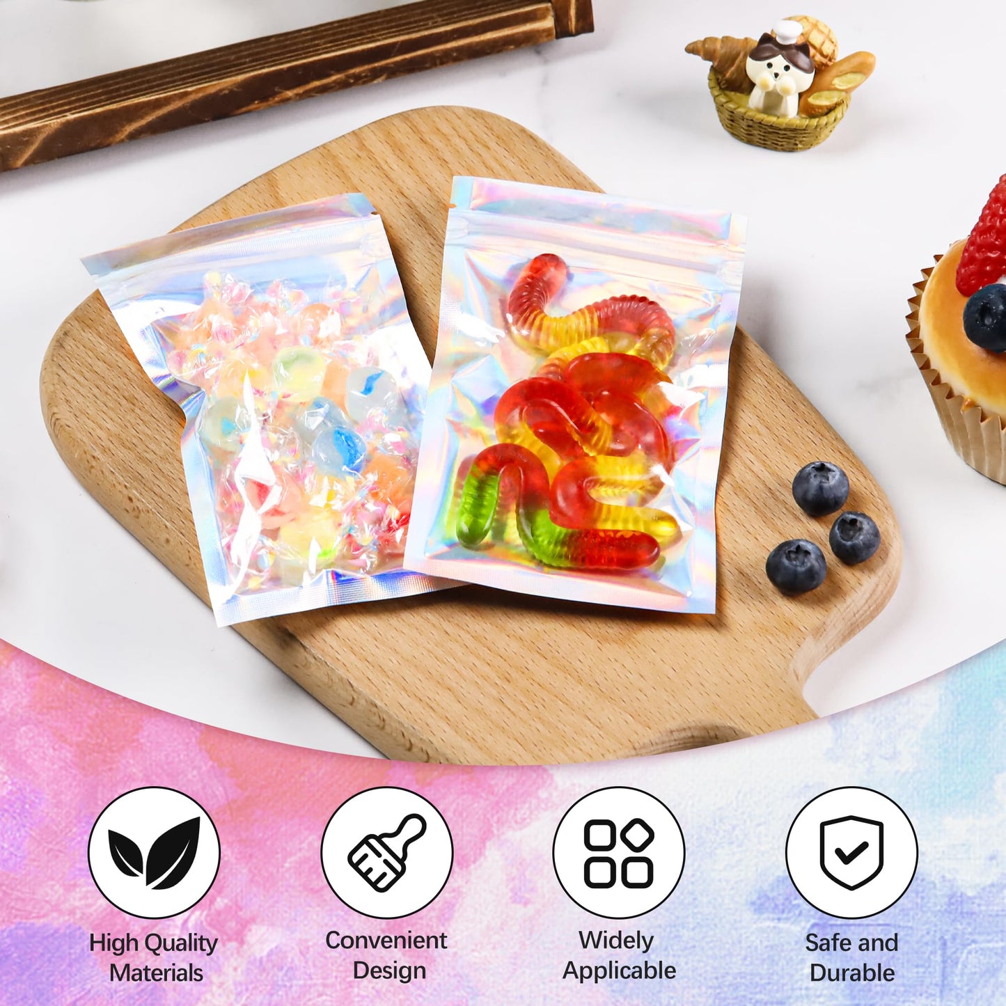 200 Pack 5x8 Mylar Bags with Window Stand Up Bgas 7.5mil Thick for Food Storage and Resealable for Small Business Packaging Bag