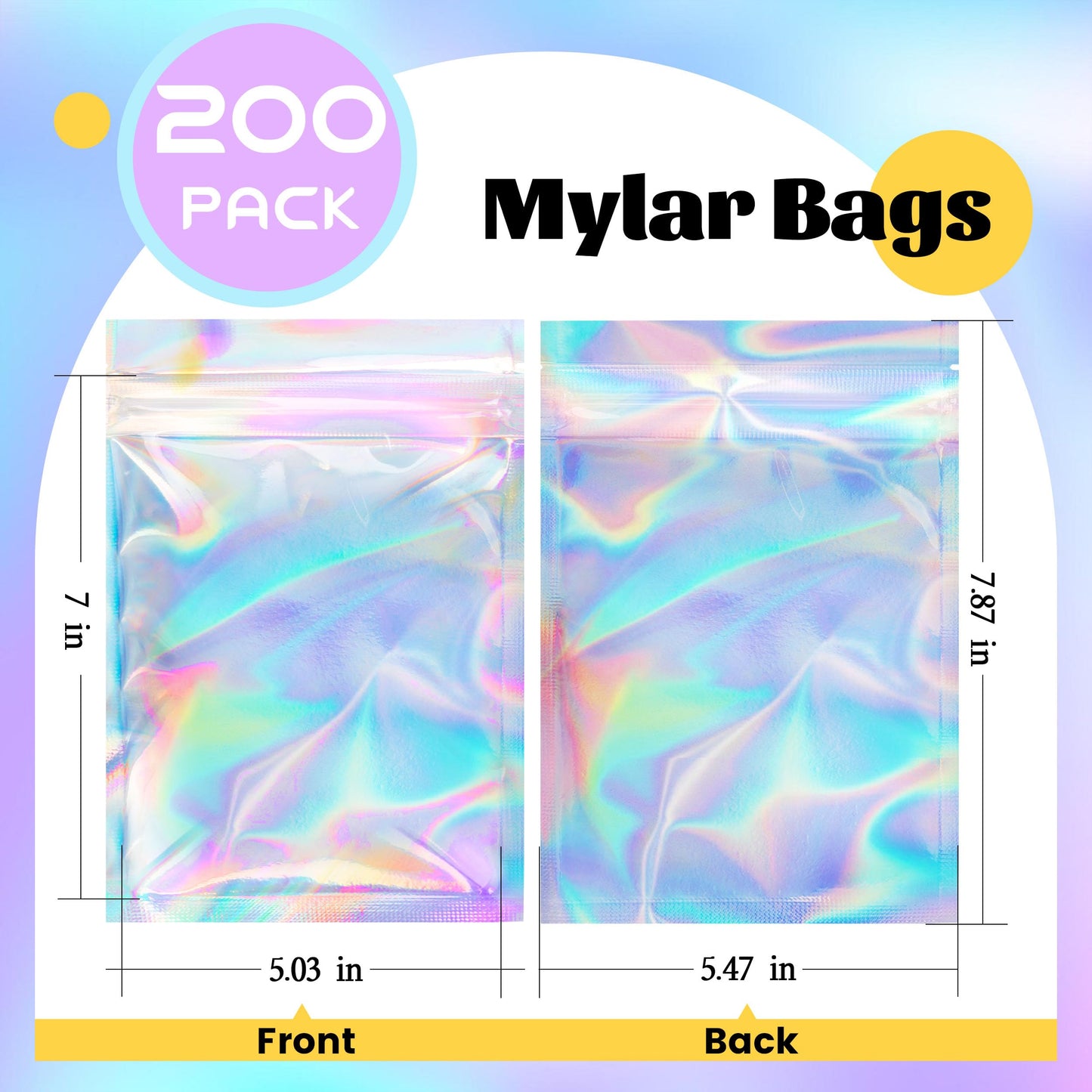 200 Pack 5x8 Mylar Bags with Window Stand Up Bgas 7.5mil Thick for Food Storage and Resealable for Small Business Packaging Bag