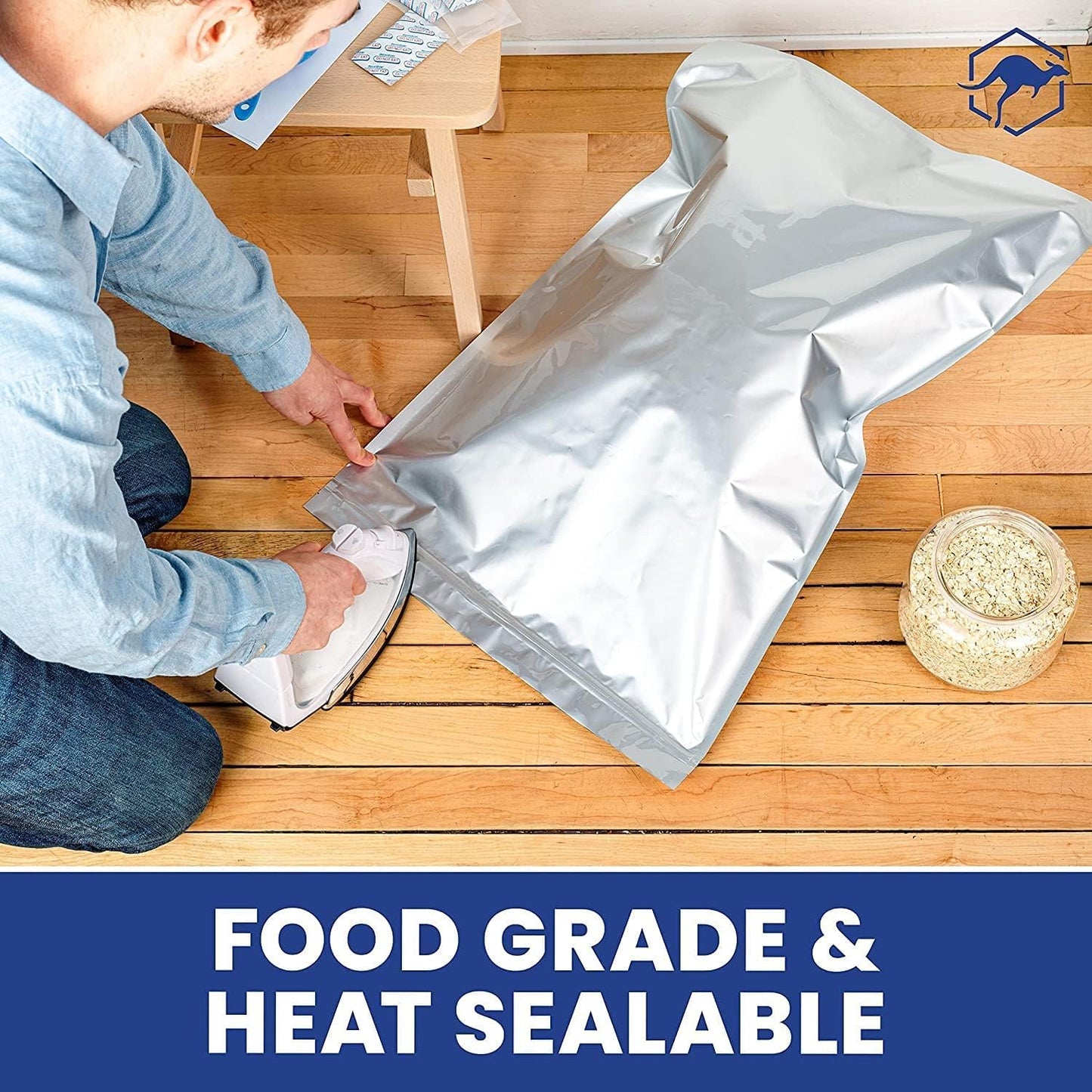 Wallaby 15 Count 5-Gallon Mylar Bags with 2500cc Oxygen Absorbers, 10 Mil Total Thickness Long-Term Food Storage Pouches, 20x30 Resealable Zipper Heat-Sealable Airtight Packaging - Silver