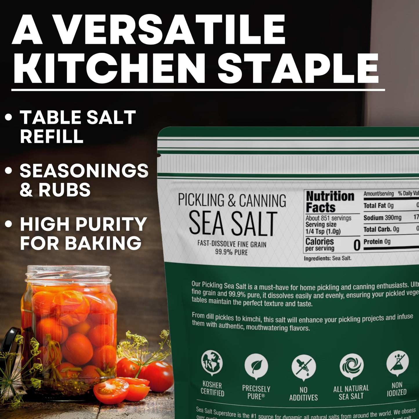 Pickling & Canning Pickling & Curing Salt for Natural Preserving, Fine Kosher Salt for Brining, 14 oz Bag Non Iodized