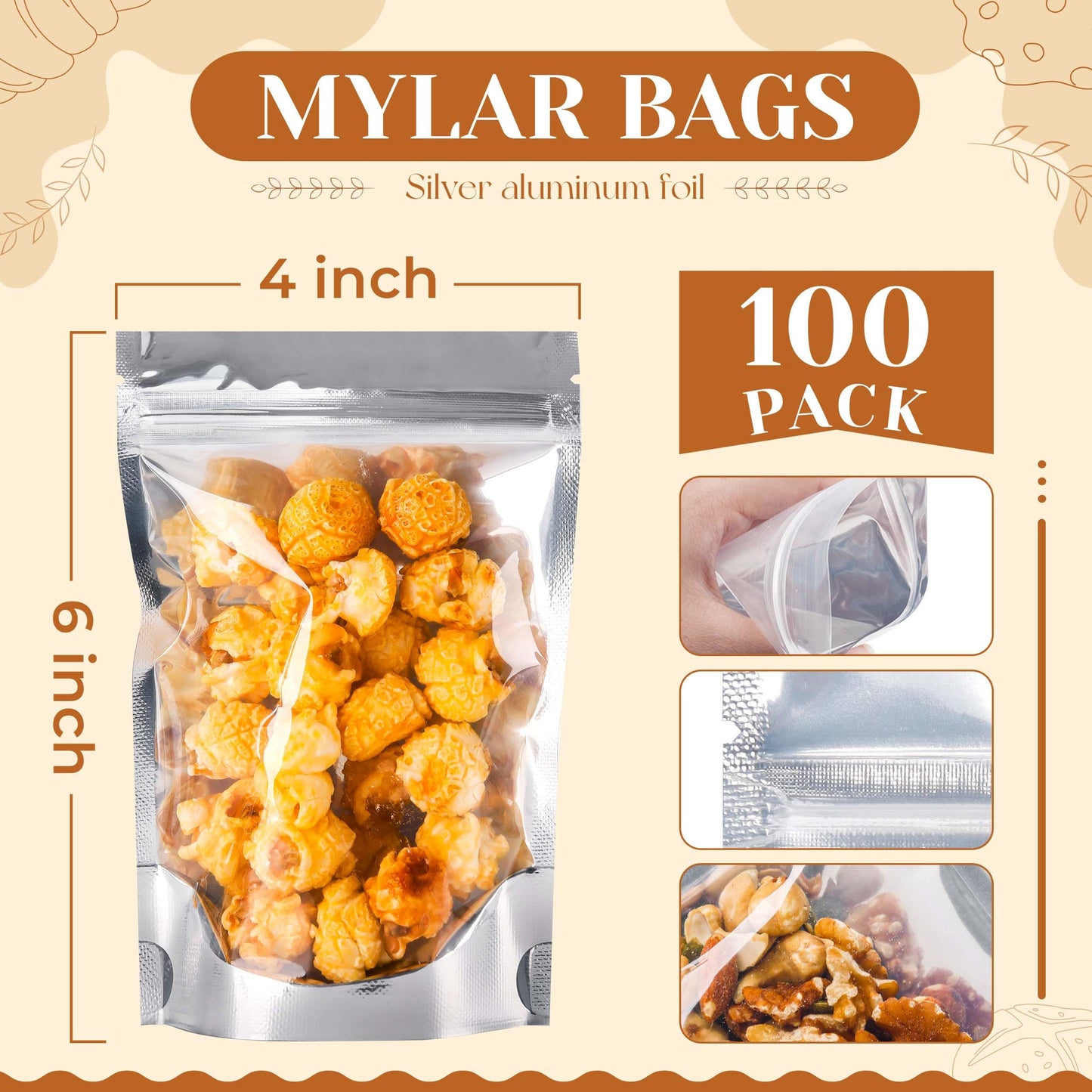 200 Pack 5x8 Mylar Bags with Window Stand Up Bgas 7.5mil Thick for Food Storage and Resealable for Small Business Packaging Bag