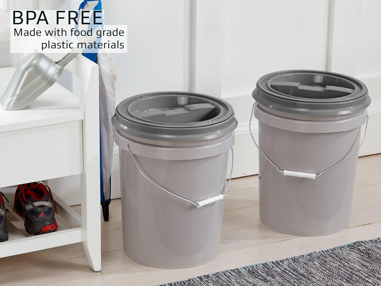 Mighty Tuff 5 Gallon / 21 Pound Pet Food Storage Container, Pack of 2 with Metal Handle and Airtight Lid to Lock in Freshness, Light Grey Base & Dark Grey Lid