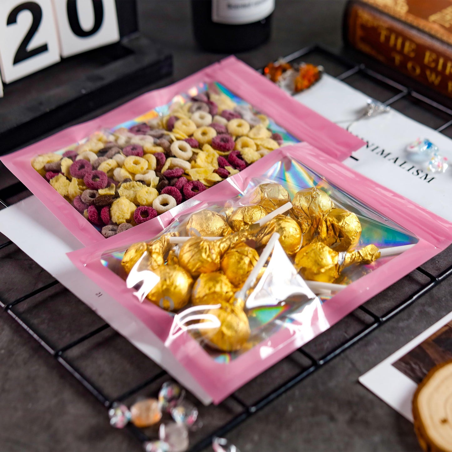 200 Pack 5x8 Mylar Bags with Window Stand Up Bgas 7.5mil Thick for Food Storage and Resealable for Small Business Packaging Bag