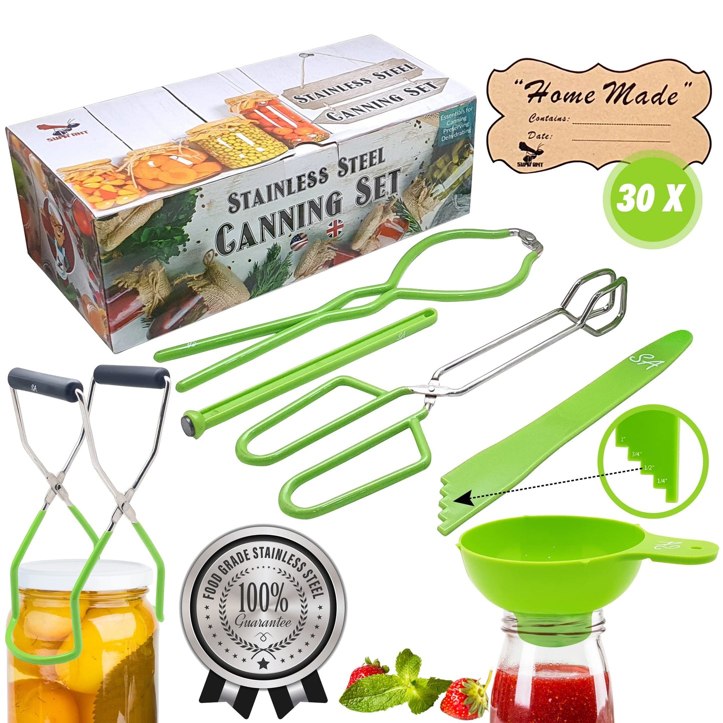 Supa Ant Canning Supplies - Water Bath Canning Pot with Rack & Lid - Starter Kits Set for Beginners - Stainless Steel Water Bath Canner Kit & Rack - Rack, XL Ladle, Measuring Cups, Kitchen Funnel