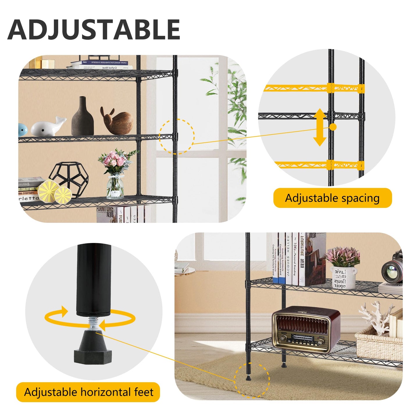 BestOffice | 4-Tier Wire Storage Shelves | 36x14x54 | Black | with Adjustable Racks | Heavy-Duty Metal Shelf, Holds Upto 1000 lbs | No-Tool Assembly | Ideal for Home & Garage Shelving