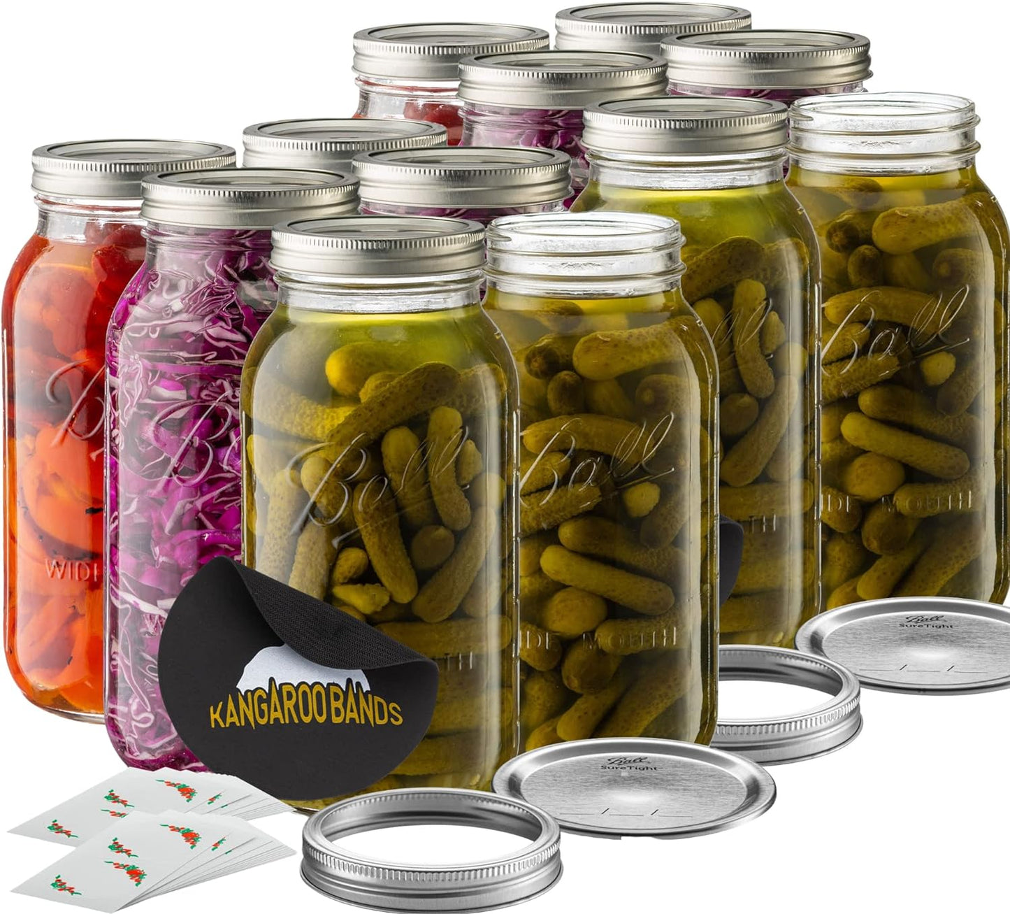 Wide Mouth 64 oz (half gallon) mason Jars with Lids and Bands (12-Pack) bundled With, KangarooBands Jar Opener, and Package Of Jar Labels | Canning, Fermenting, Pickling, DIY Decors Projects