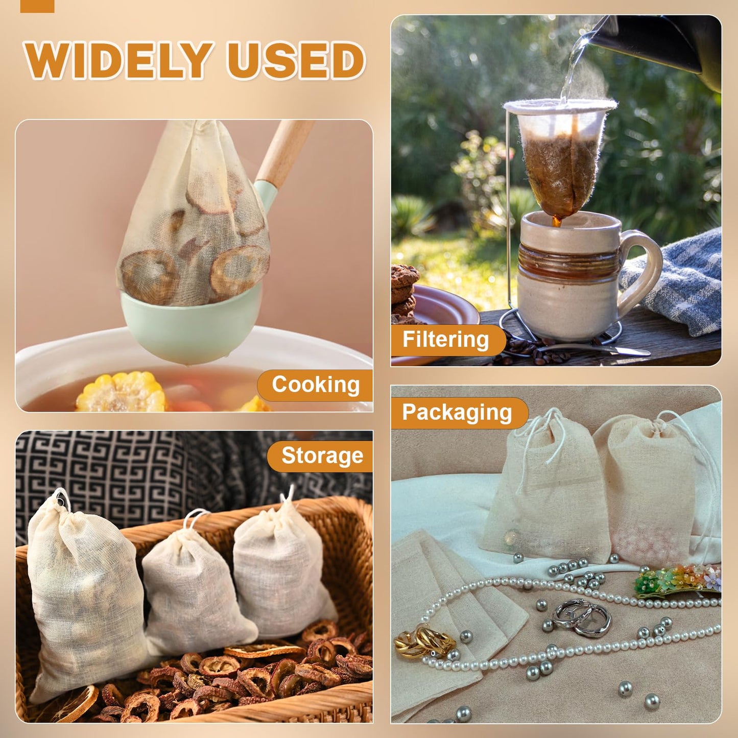 20 Pcs Muslin Bags with Drawstring, Reusable Tea Bags, Spice Bags for Cooking Soup/Herb/Loose Leaf Tea, Natural Cotton Small Cheese Cloth Bag for Straining, Sachet Bags Empty, 4 X 3 Inches