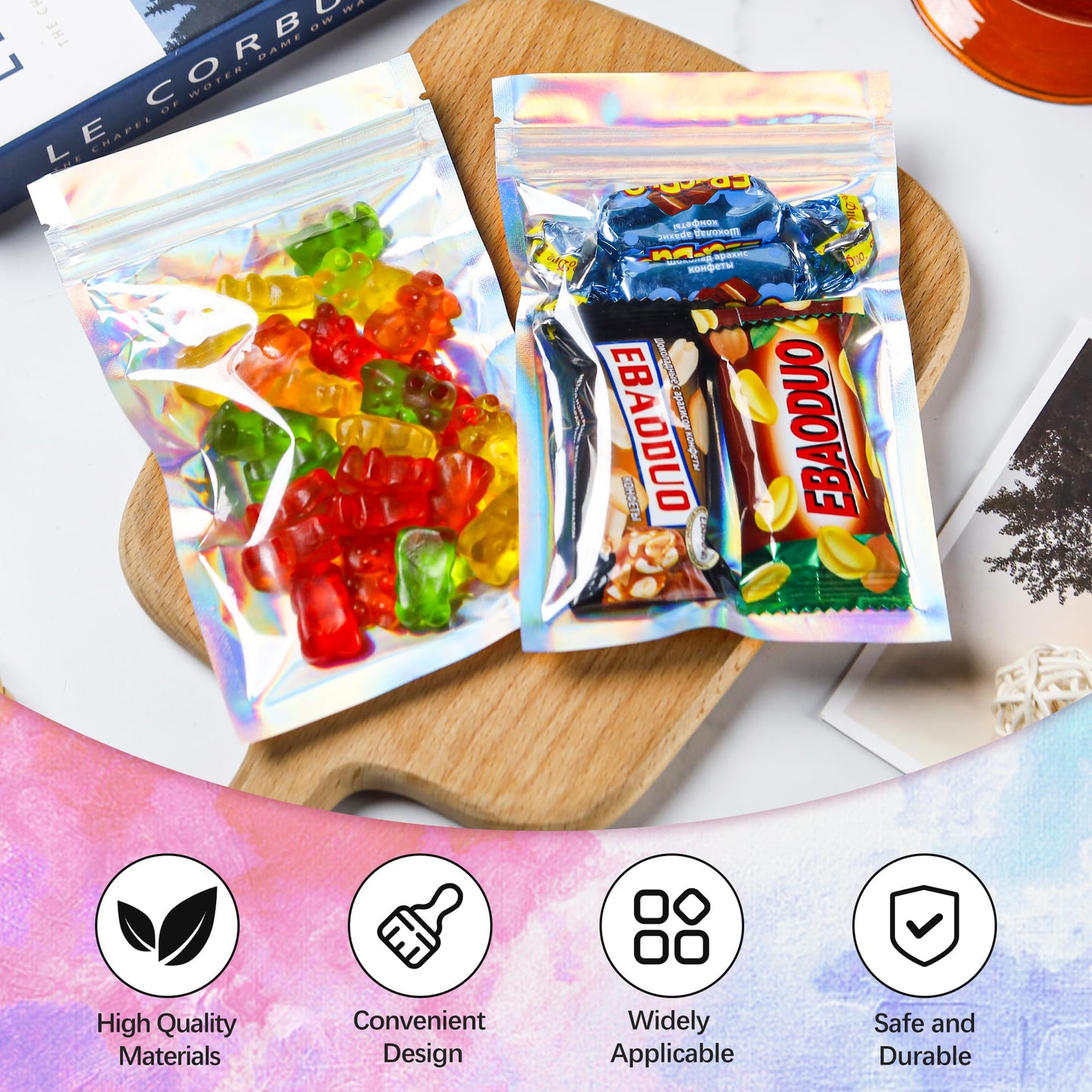 200 Pack 5x8 Mylar Bags with Window Stand Up Bgas 7.5mil Thick for Food Storage and Resealable for Small Business Packaging Bag