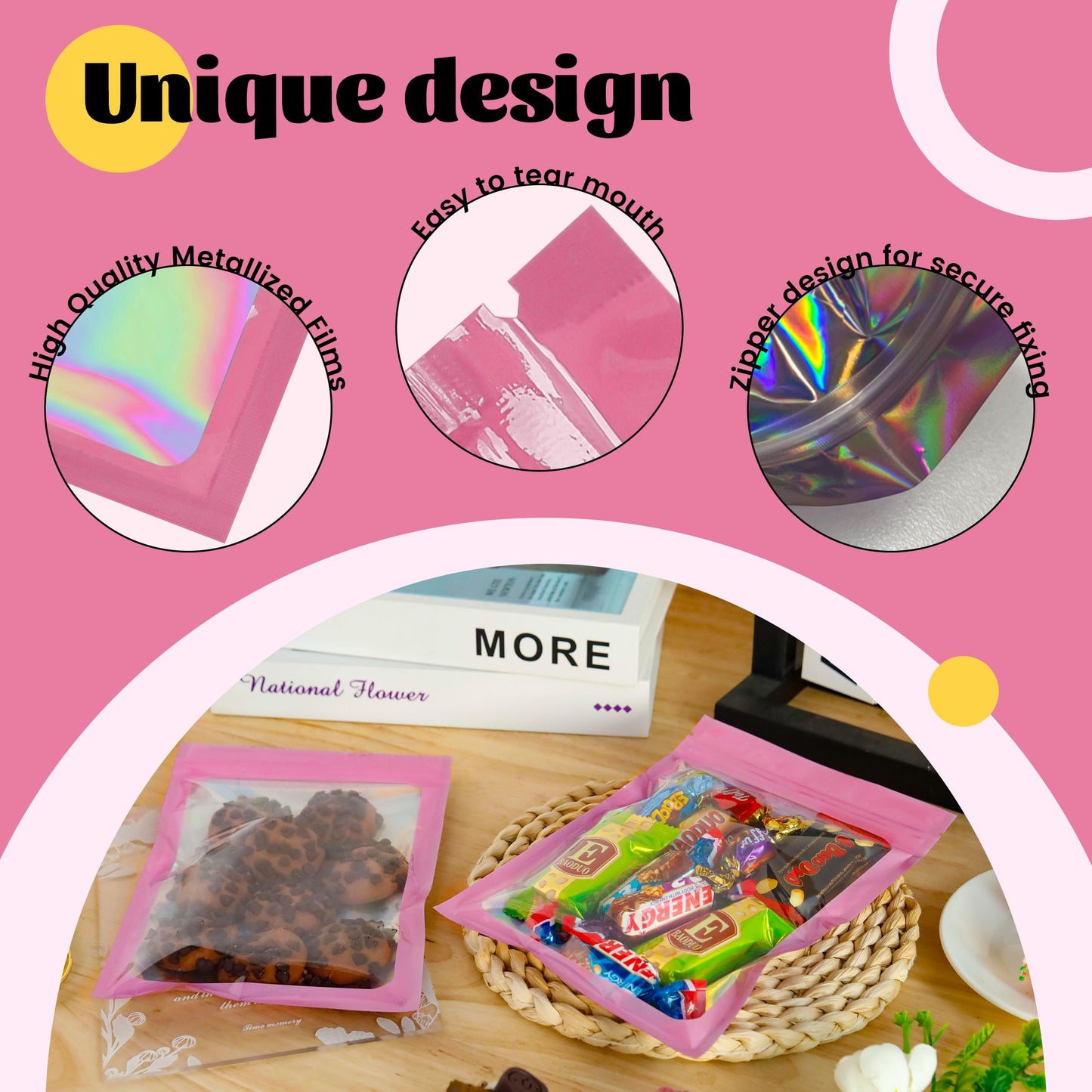 200 Pack 5x8 Mylar Bags with Window Stand Up Bgas 7.5mil Thick for Food Storage and Resealable for Small Business Packaging Bag