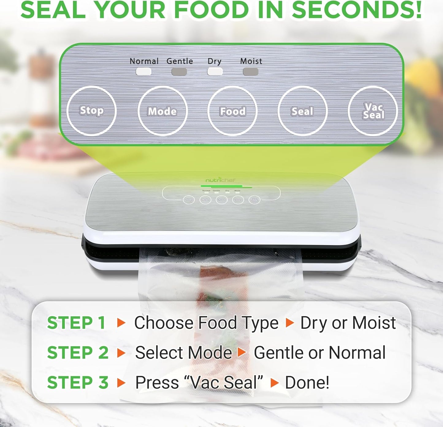 NutriChef Automatic Food Vacuum Sealer, Electric Air Sealing Preserver System for Dry and Moist Foods, LED Control, Strong Suction, Includes Bags, Wine Stopper Cork, and Air Suction Hose, 14”x6”x3”