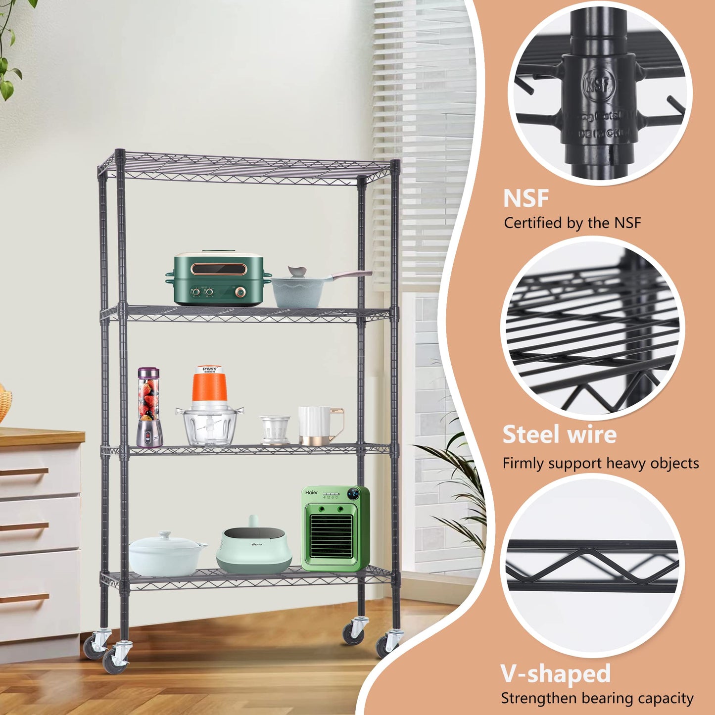 BestOffice | 4-Tier Wire Storage Shelves | 36x14x54 | Black | with Adjustable Racks | Heavy-Duty Metal Shelf, Holds Upto 1000 lbs | No-Tool Assembly | Ideal for Home & Garage Shelving