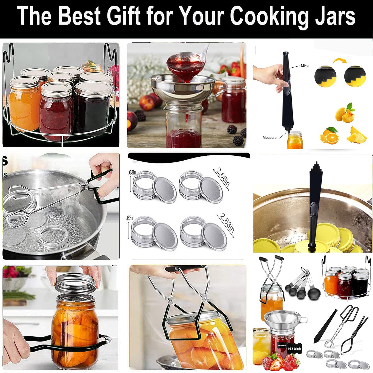 HOMMES Canning Supplies Starter Kit For Mason Jars - Pot, Funnel, Lifter, Wrench, Tongs, Lid Lifter & Bubble Remover