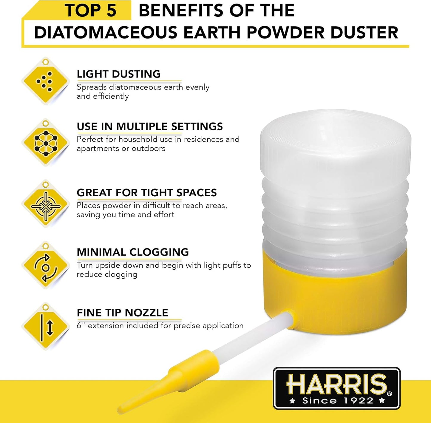Harris Diatomaceous Earth Powder Duster with 6 Inch Extension Nozzle