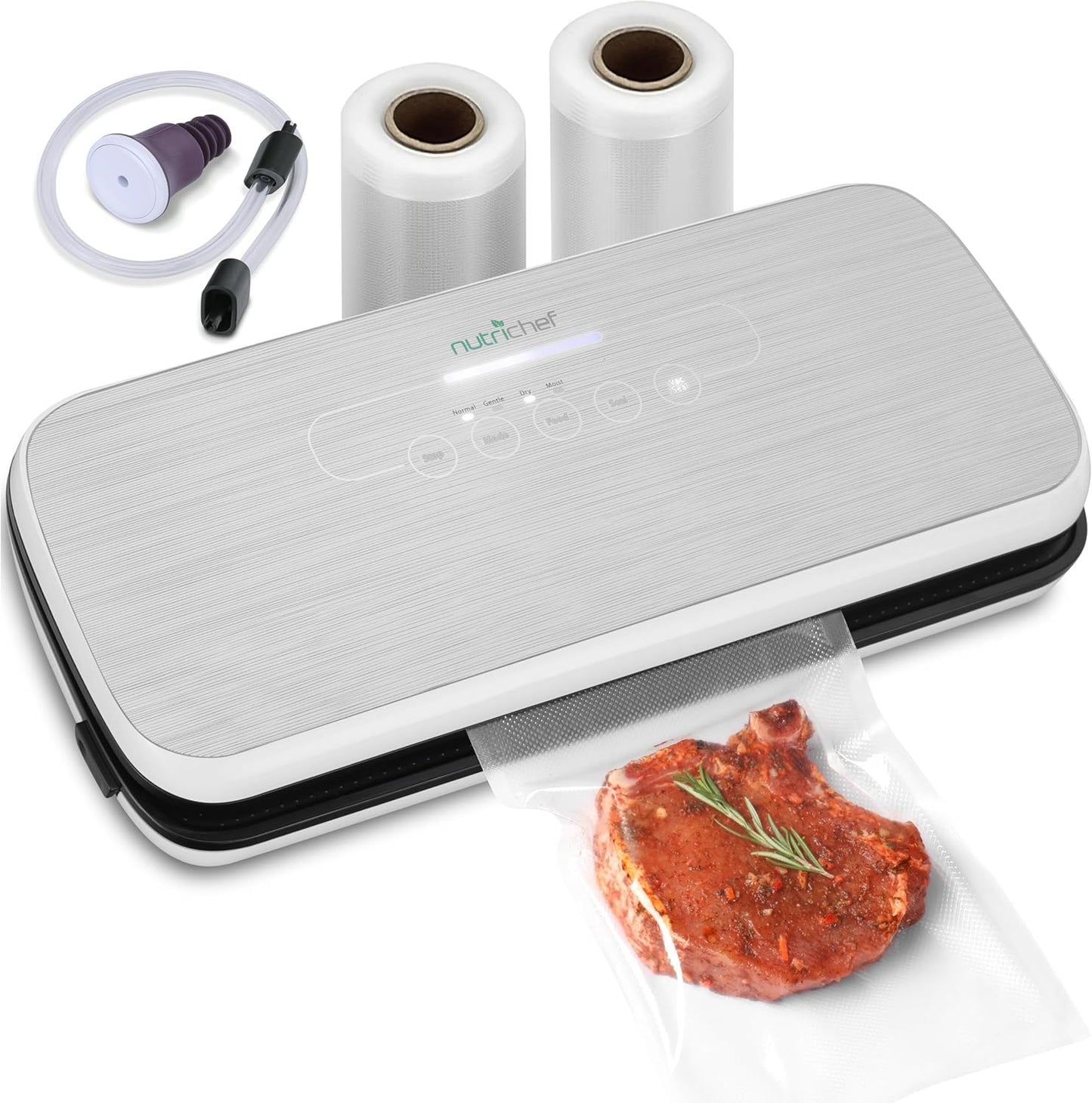 NutriChef Automatic Food Vacuum Sealer, Electric Air Sealing Preserver System for Dry and Moist Foods, LED Control, Strong Suction, Includes Bags, Wine Stopper Cork, and Air Suction Hose, 14”x6”x3”