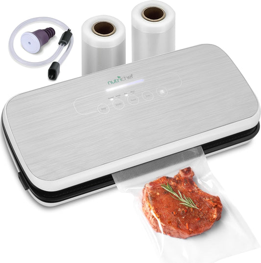 NutriChef Automatic Food Vacuum Sealer, Electric Air Sealing Preserver System for Dry and Moist Foods, LED Control, Strong Suction, Includes Bags, Wine Stopper Cork, and Air Suction Hose, 14”x6”x3”