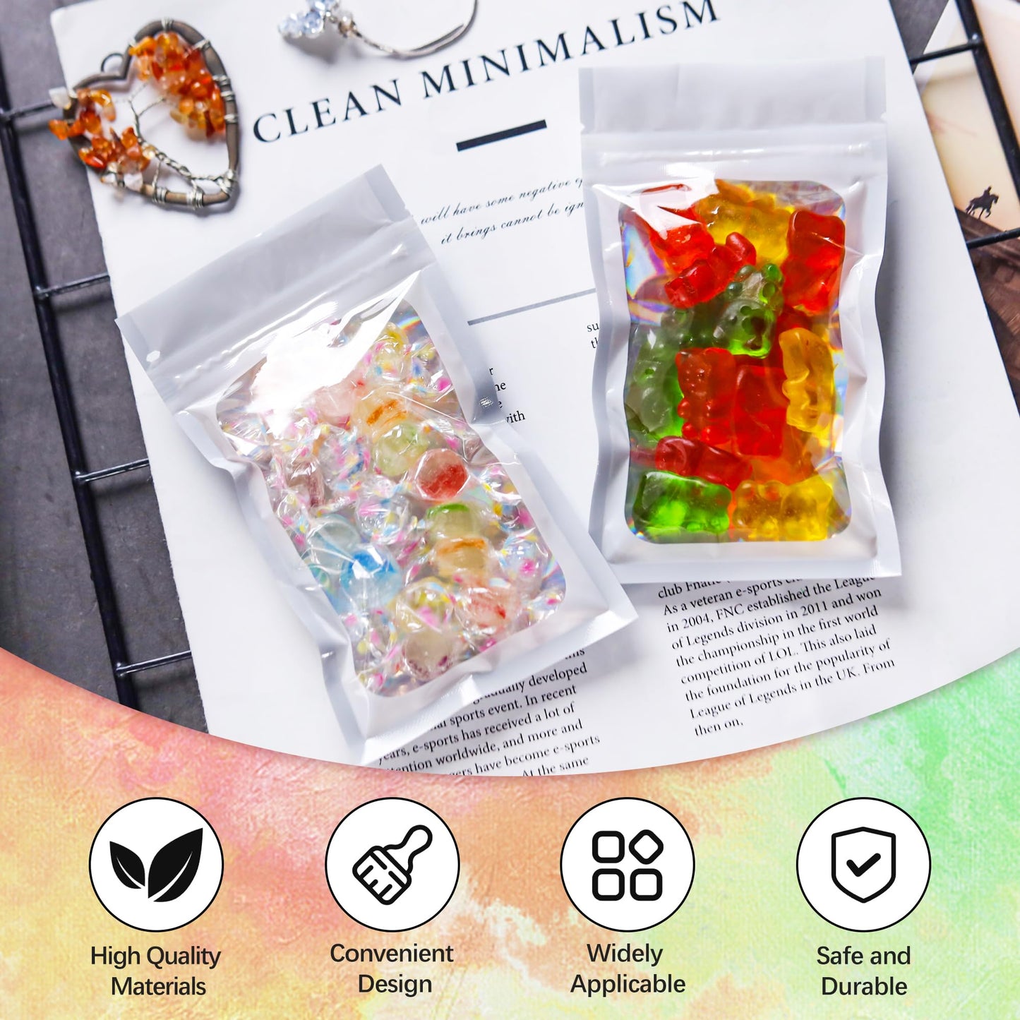 200 Pack 5x8 Mylar Bags with Window Stand Up Bgas 7.5mil Thick for Food Storage and Resealable for Small Business Packaging Bag