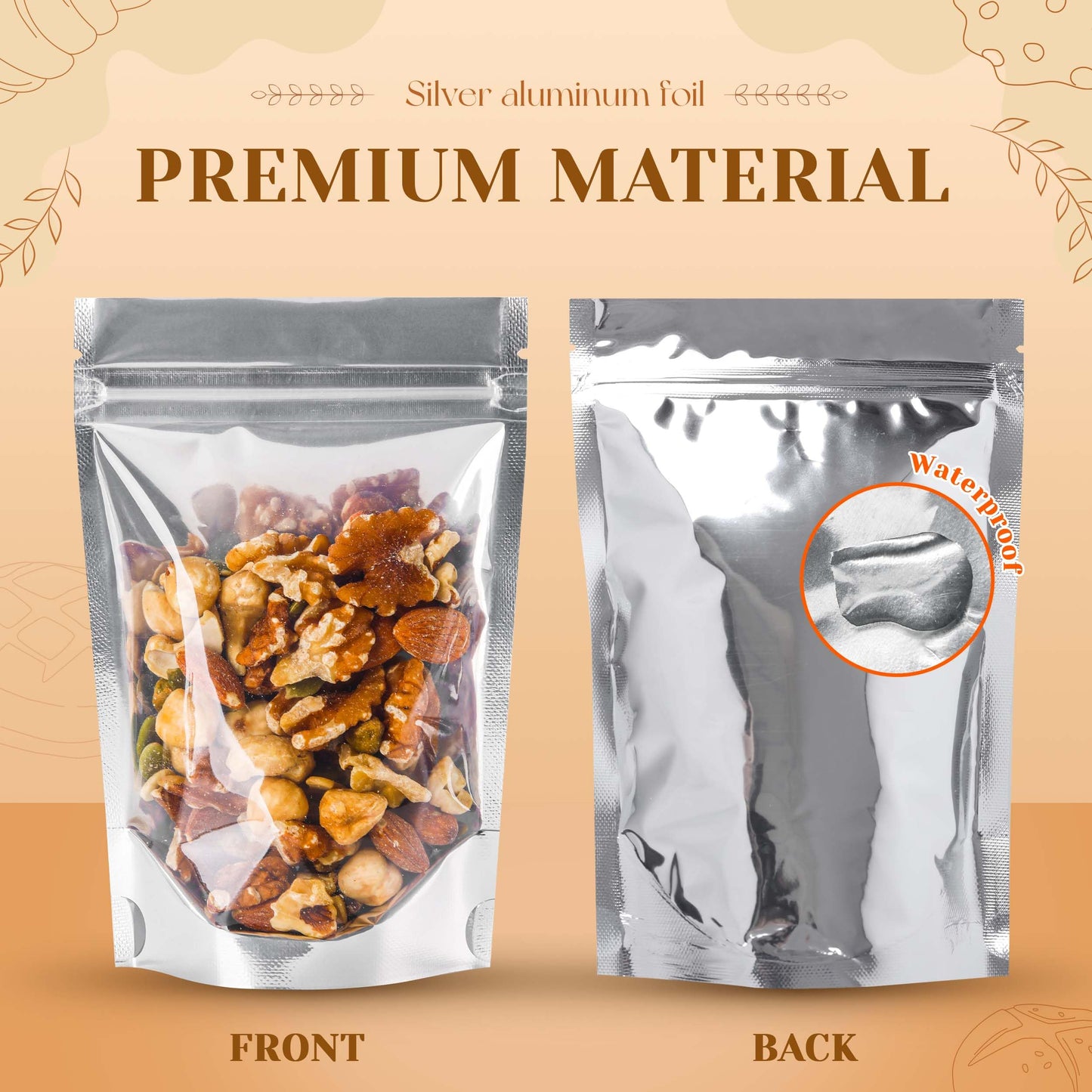 200 Pack 5x8 Mylar Bags with Window Stand Up Bgas 7.5mil Thick for Food Storage and Resealable for Small Business Packaging Bag
