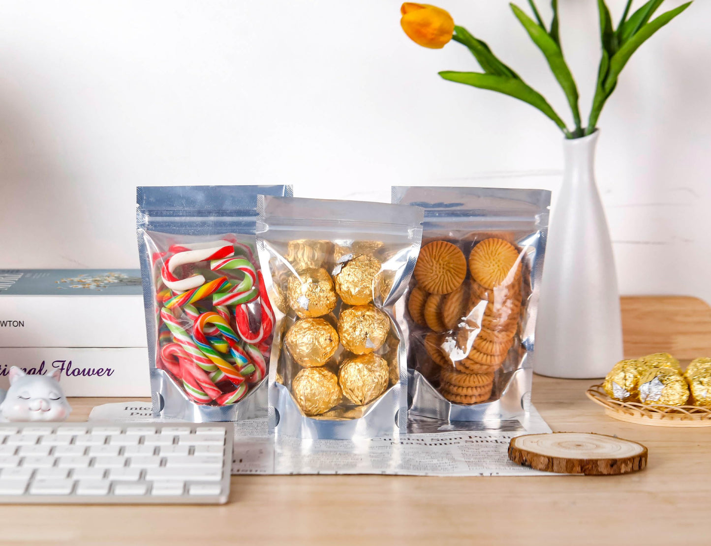 200 Pack 5x8 Mylar Bags with Window Stand Up Bgas 7.5mil Thick for Food Storage and Resealable for Small Business Packaging Bag