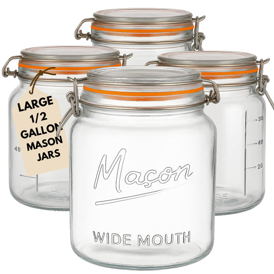 kitchentoolz 64 oz Mason Jars Wide Mouth with Airtight Lids – Set of 2 Half Gallon Glass Jar with Lid – Large Mason Jars with Lids for Kitchen Pantry, Storage, and Canning
