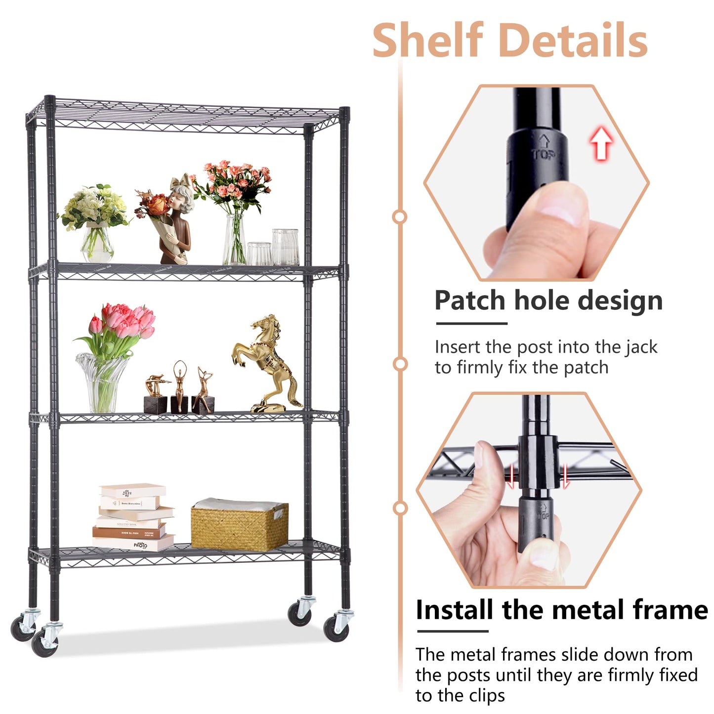 BestOffice | 4-Tier Wire Storage Shelves | 36x14x54 | Black | with Adjustable Racks | Heavy-Duty Metal Shelf, Holds Upto 1000 lbs | No-Tool Assembly | Ideal for Home & Garage Shelving