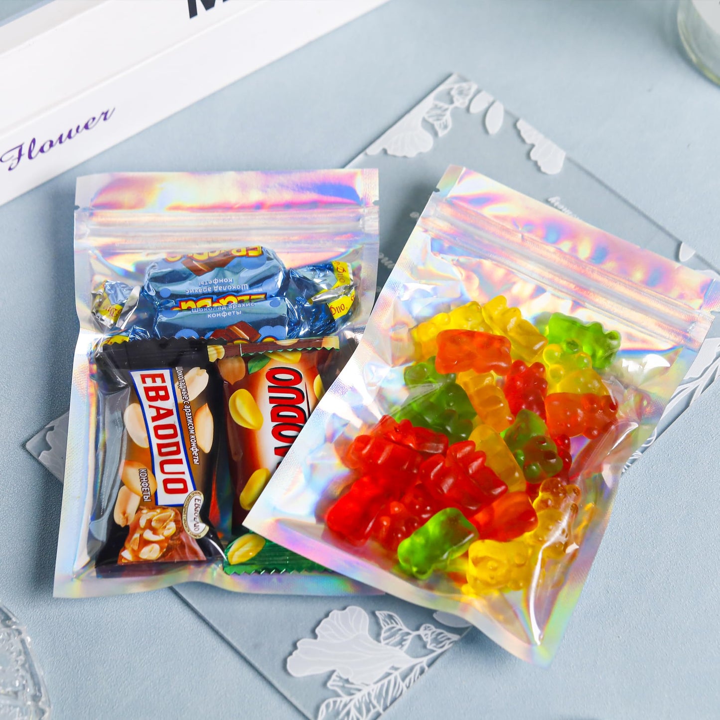 200 Pack 5x8 Mylar Bags with Window Stand Up Bgas 7.5mil Thick for Food Storage and Resealable for Small Business Packaging Bag