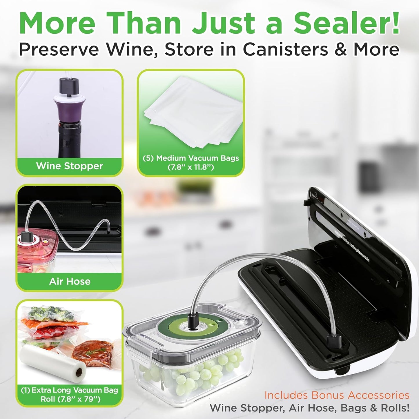 NutriChef Automatic Food Vacuum Sealer, Electric Air Sealing Preserver System for Dry and Moist Foods, LED Control, Strong Suction, Includes Bags, Wine Stopper Cork, and Air Suction Hose, 14”x6”x3”