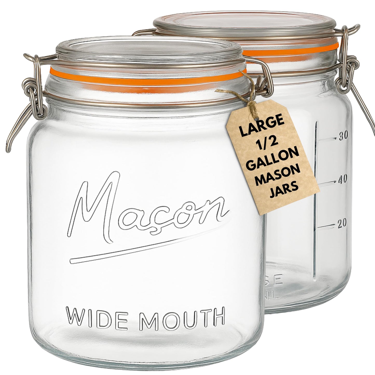 kitchentoolz 64 oz Mason Jars Wide Mouth with Airtight Lids – Set of 2 Half Gallon Glass Jar with Lid – Large Mason Jars with Lids for Kitchen Pantry, Storage, and Canning