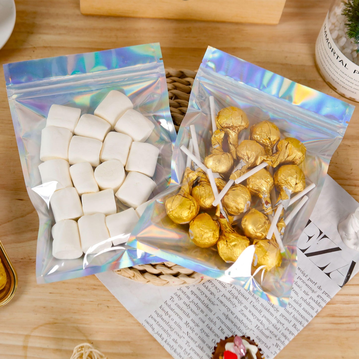 200 Pack 5x8 Mylar Bags with Window Stand Up Bgas 7.5mil Thick for Food Storage and Resealable for Small Business Packaging Bag