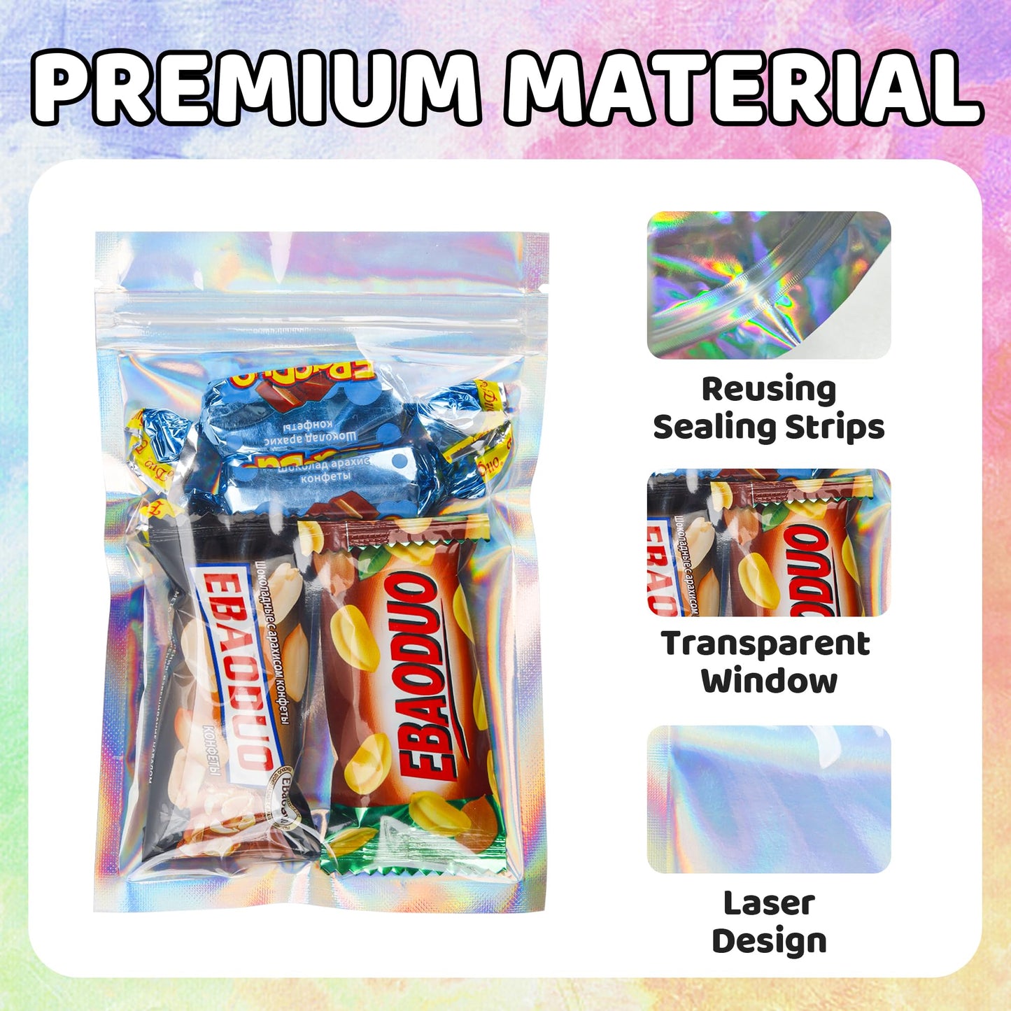 200 Pack 5x8 Mylar Bags with Window Stand Up Bgas 7.5mil Thick for Food Storage and Resealable for Small Business Packaging Bag