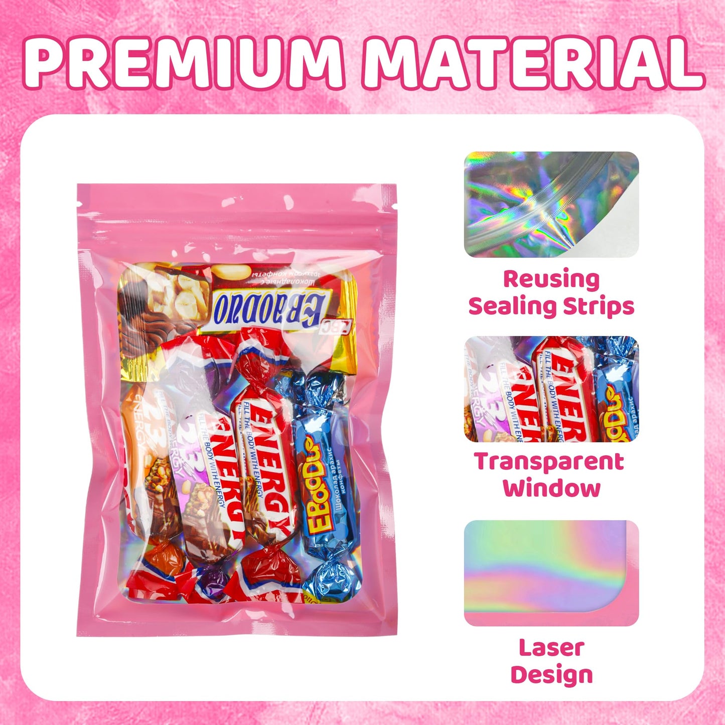 200 Pack 5x8 Mylar Bags with Window Stand Up Bgas 7.5mil Thick for Food Storage and Resealable for Small Business Packaging Bag