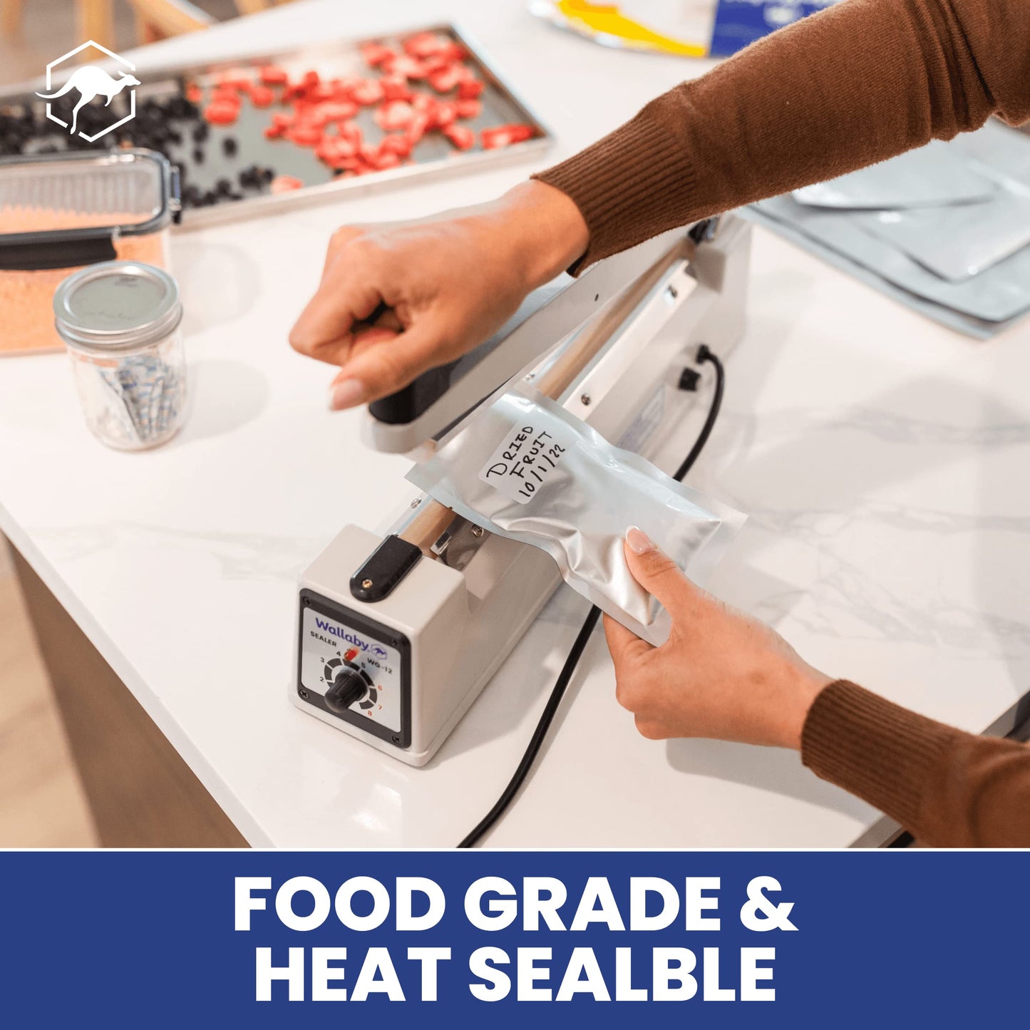 Wallaby 15 Count 5-Gallon Mylar Bags with 2500cc Oxygen Absorbers, 10 Mil Total Thickness Long-Term Food Storage Pouches, 20x30 Resealable Zipper Heat-Sealable Airtight Packaging - Silver