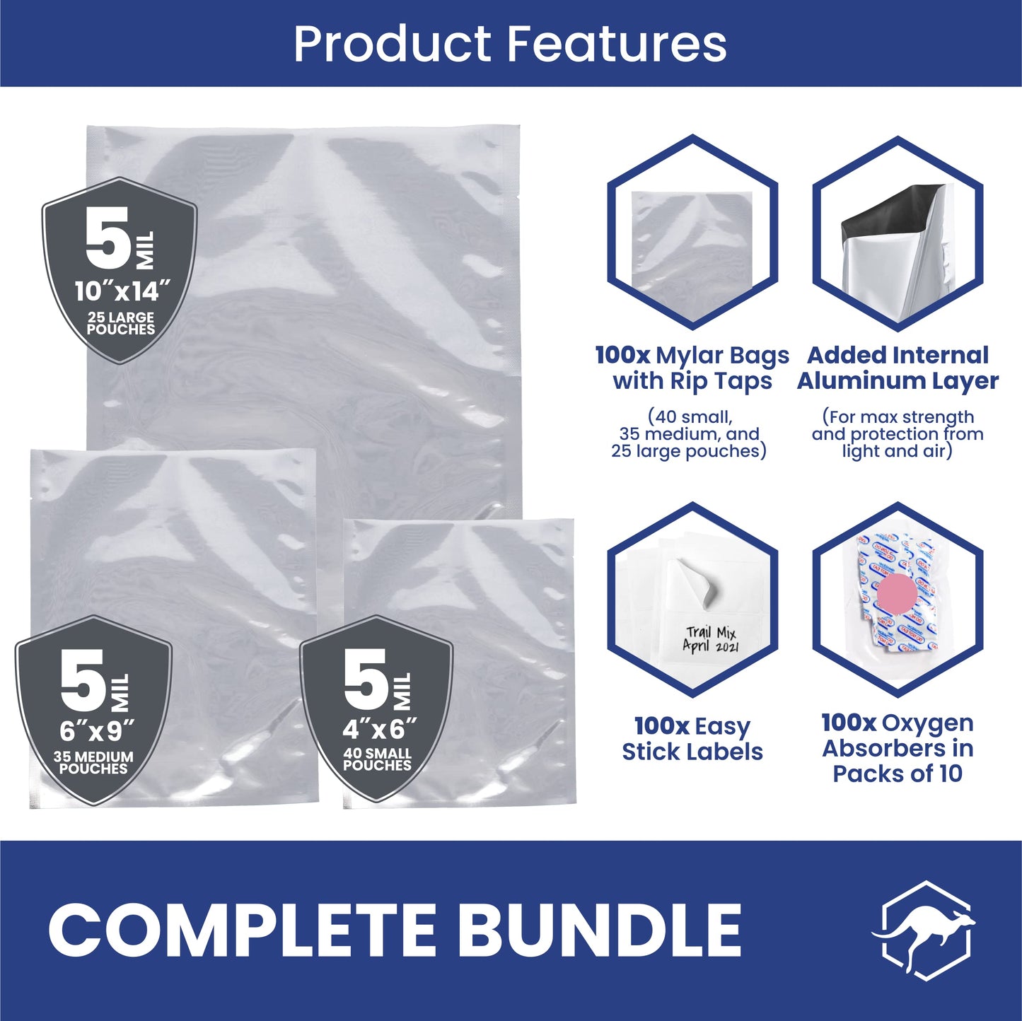 Wallaby 15 Count 5-Gallon Mylar Bags with 2500cc Oxygen Absorbers, 10 Mil Total Thickness Long-Term Food Storage Pouches, 20x30 Resealable Zipper Heat-Sealable Airtight Packaging - Silver