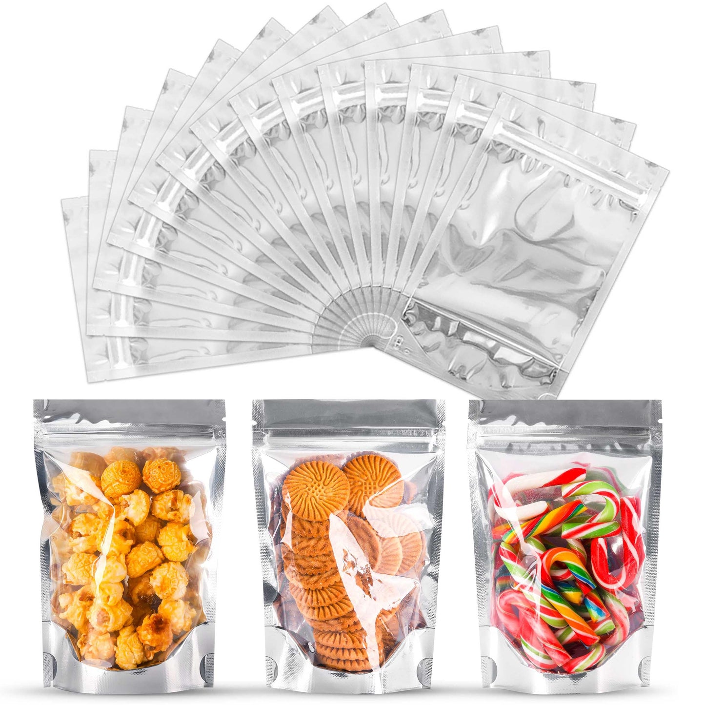 200 Pack 5x8 Mylar Bags with Window Stand Up Bgas 7.5mil Thick for Food Storage and Resealable for Small Business Packaging Bag