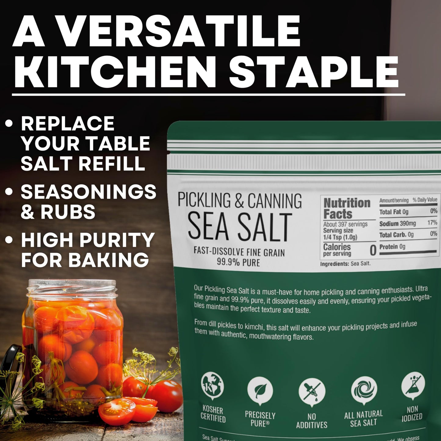 Pickling & Canning Pickling & Curing Salt for Natural Preserving, Fine Kosher Salt for Brining, 14 oz Bag Non Iodized