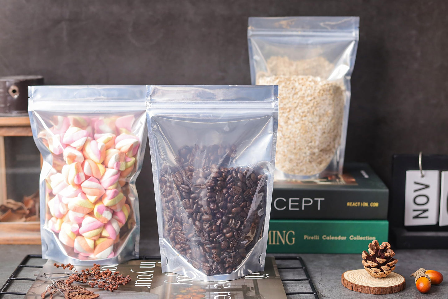 200 Pack 5x8 Mylar Bags with Window Stand Up Bgas 7.5mil Thick for Food Storage and Resealable for Small Business Packaging Bag