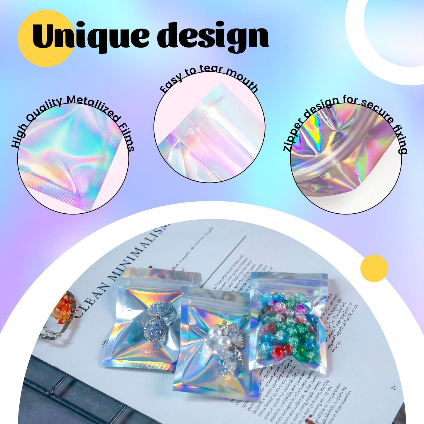 200 Pack 5x8 Mylar Bags with Window Stand Up Bgas 7.5mil Thick for Food Storage and Resealable for Small Business Packaging Bag